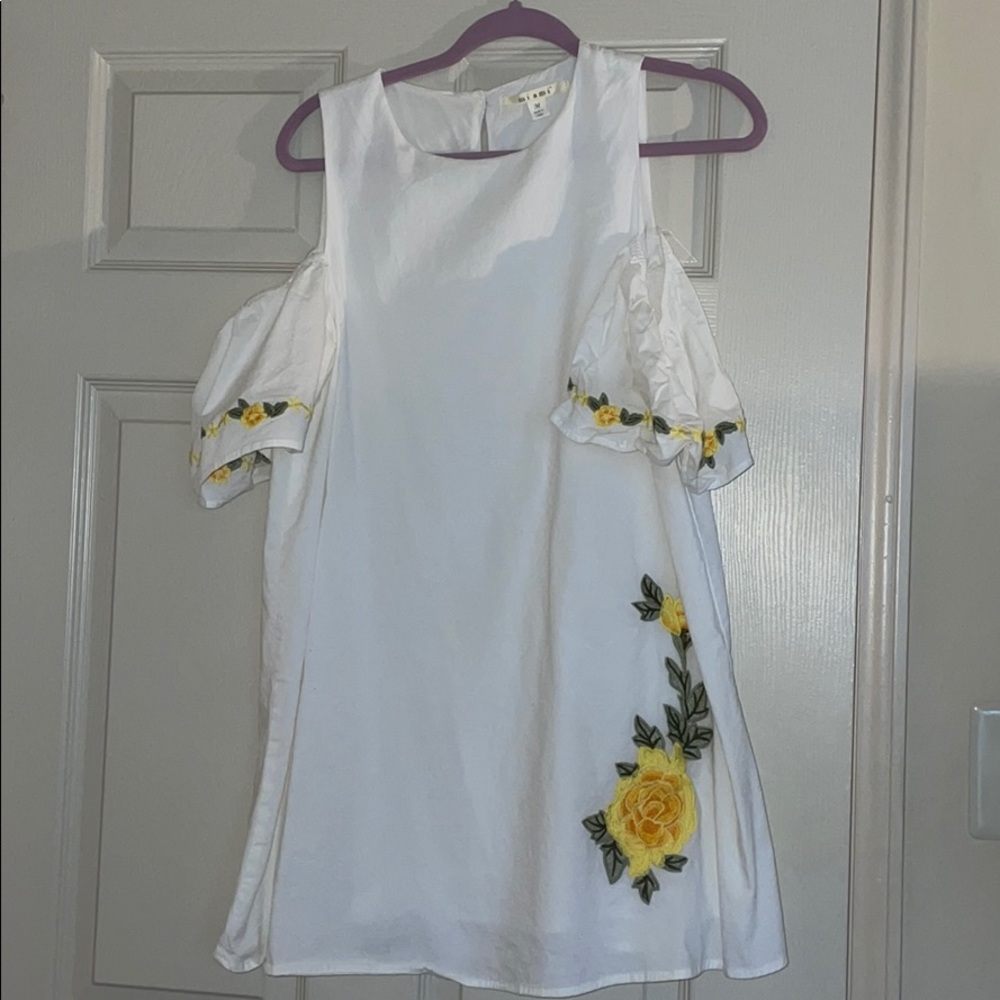 White Cold Shoulder Dress with Yellow Embroidery